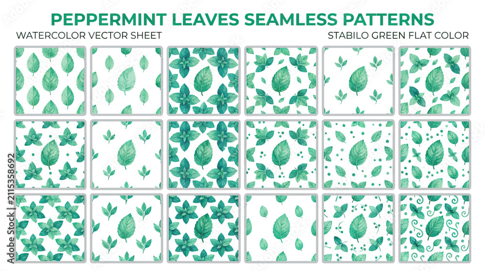 Naklejka premium Watercolor Green Leaf Seamless Patterns Collection
