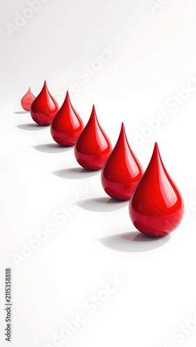 Row of glistening red droplets on a white surface, fading into distance
