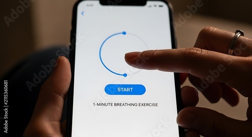 A persons finger touches the screen of a smartphone displaying a guided breathing exercise app with a start button.