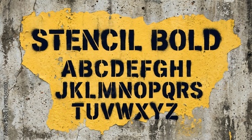 Stencil bold alphabet on weathered concrete wall, industrial black spray paint letters on yellow background, urban military typography