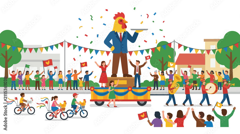 Fototapeta premium Festive parade celebrating chicken boy day with statues and music
