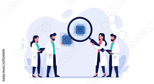 Scientists examine microchip with magnifying glass, illustrating technology, research, and innovation
