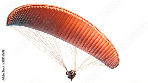 travel and adventure, paraglider with red and gray canopy flying isolated on transparent background