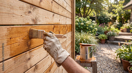 Hand in glove applying protective varnish or stain with brush to wooden fence boards outdoors in sunny backyard.