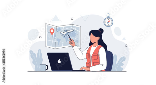 Travel Agent Planning Trip with Map and Laptop, Airplane Route, Compass, Vector Illustration