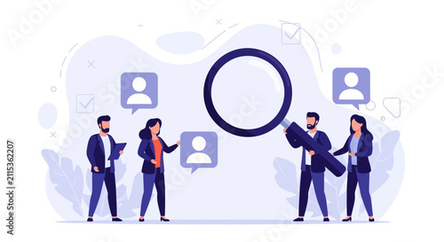 Team searching for candidates with magnifying glass, human resources concept illustration