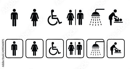 Public restroom accessibility and amenity icons with male female disabled shower baby change symbols