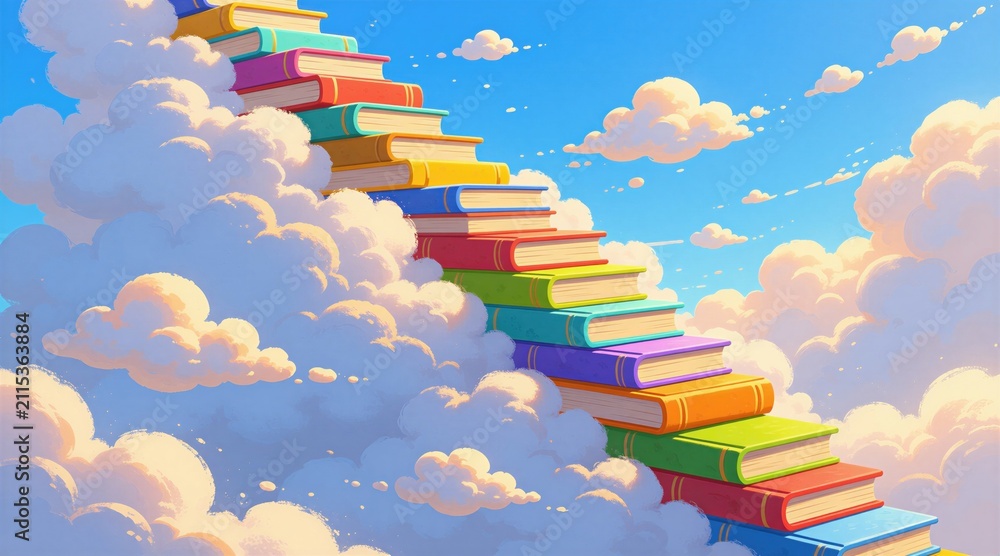 Fototapeta premium Staircase made of stacked colorful books rises into bright blue sky with fluffy white clouds. Conceptual art shows path toward success through reading, learning. Creative illustration growth