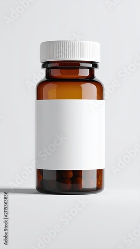 Amber glass pill bottle with white lid, blank label, and visible pills