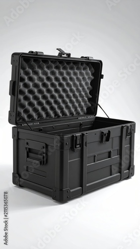Black rugged transport case with protective foam interior, open
