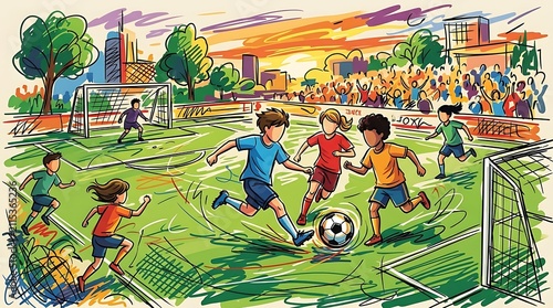 Energetic illustration of diverse children playing soccer in a vibrant city park during sunset, showcasing youthful fun, teamwork, and active outdoor play