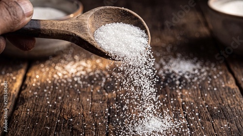 Hand pouring white granulated sugar from a rustic wooden spoon