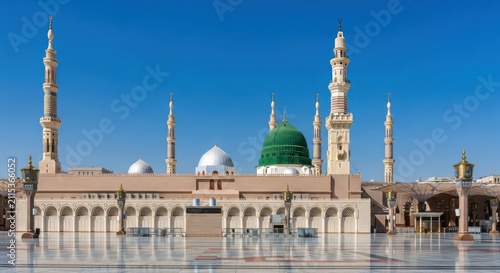 Almasjid annabawi, the prophets mosque in medina, saudi arabia under a clear blue sky