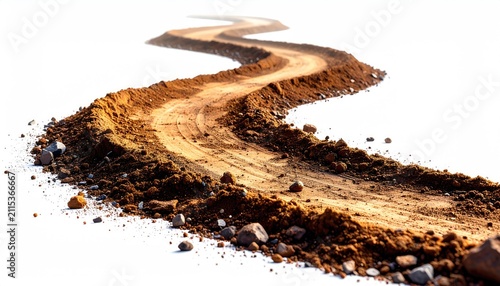 A winding dirt path with rocks and soil curves across a white background