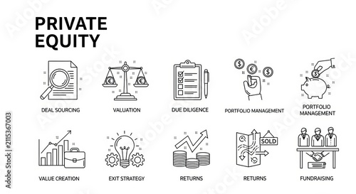Private Equity Investment Strategy Icons - Deal Sourcing, Valuation, Returns.