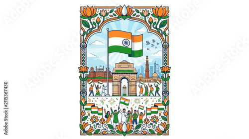 Patriotic Indian artwork featuring national flag atop historic monument with vibrant floral border and celebratory figures