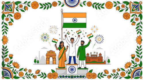 Celebration of Indian Independence Day with diverse group of people holding national flags and symbolic monuments in vibrant
