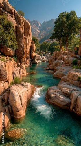 Serene River Flowing Through a Rocky Canyon Landscape.