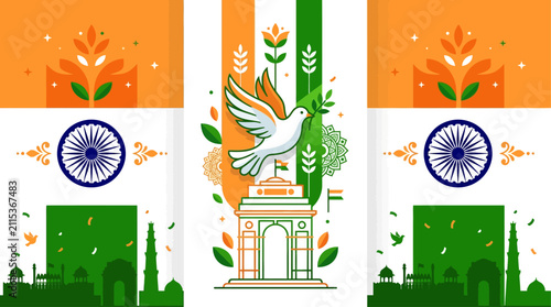 Vibrant Indian Independence Day Celebration Theme Featuring Doves, National Symbols, and Festive Colors Expressing Patriotism