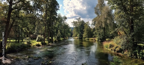 Serene River Flowing Through Lush Green Forest Landscape.