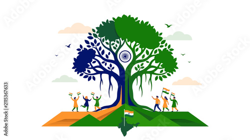 Vibrant cultural celebration involving people dancing around a large symbolic tree with Indian flags and expressive gestures