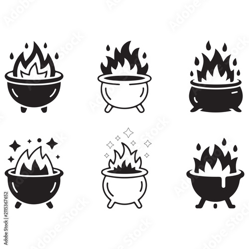 Six black and white illustrated cauldrons with different symbols and patterns
