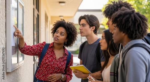Group of diverse students looking at a notice board on campus