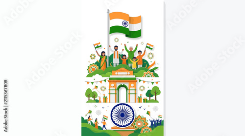 Celebrating India's Patriotism with a vibrant depiction of national pride featuring iconic symbols and joyful citizens waving