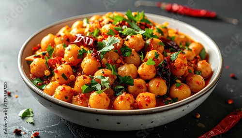 A vibrant bowl of spicy chickpeas with chili flakes and fresh cilantro garnish
