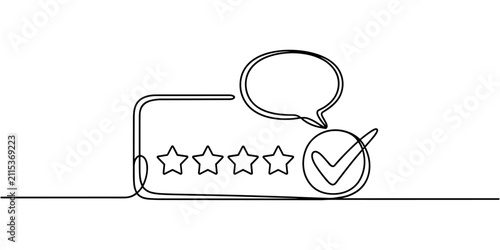 Star Rating Card with Speech Bubble and Check Mark, Continuous One Line Drawing