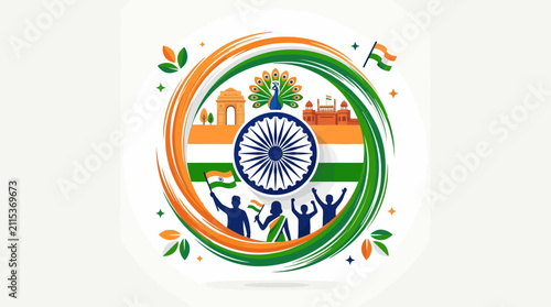 Vibrant Indian Flag Inspired Design Celebrating Culture and Unity with Iconic Landmarks and Diverse Celebratory Figures