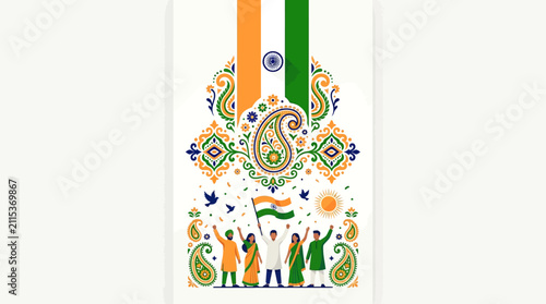 Celebration of Indian Independence Day with colorful traditional motifs and patriotic symbols including people waving the