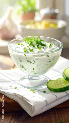 Creamy dip with herbs and cucumber slices