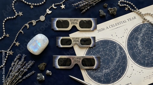 Preparation for the total solar eclipse 2026 with protective glasses and astronomical star map