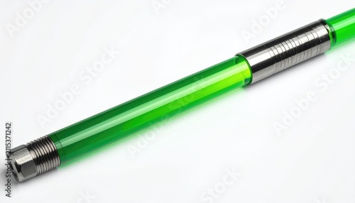 Shiny metal and glowing green tube on a white background