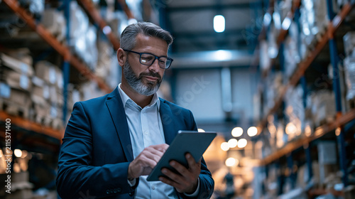 Modern warehouse operations manager using tablet to discuss logistics data and supply chain strategy for ecommerce success