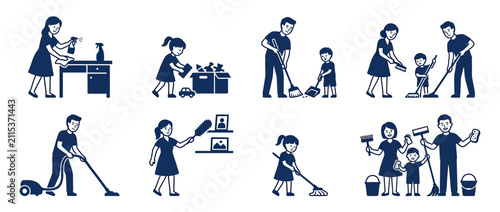 Принти на полотні Family Cleaning Housework Together Cartoon Icons