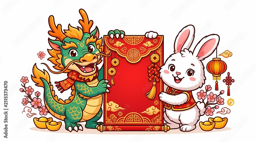 Naklejka premium Cute Dragon and Rabbit Holding a Red Chinese New Year Scroll.
