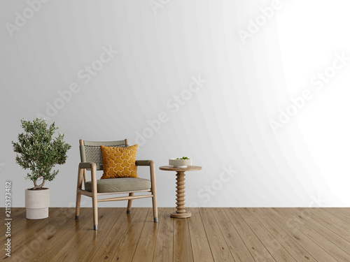 Organic Modern Living Room Wall Mockup PNG with Woven Lounge Chair and Sculptural Side Table, Transparent Background, Soft Shadows