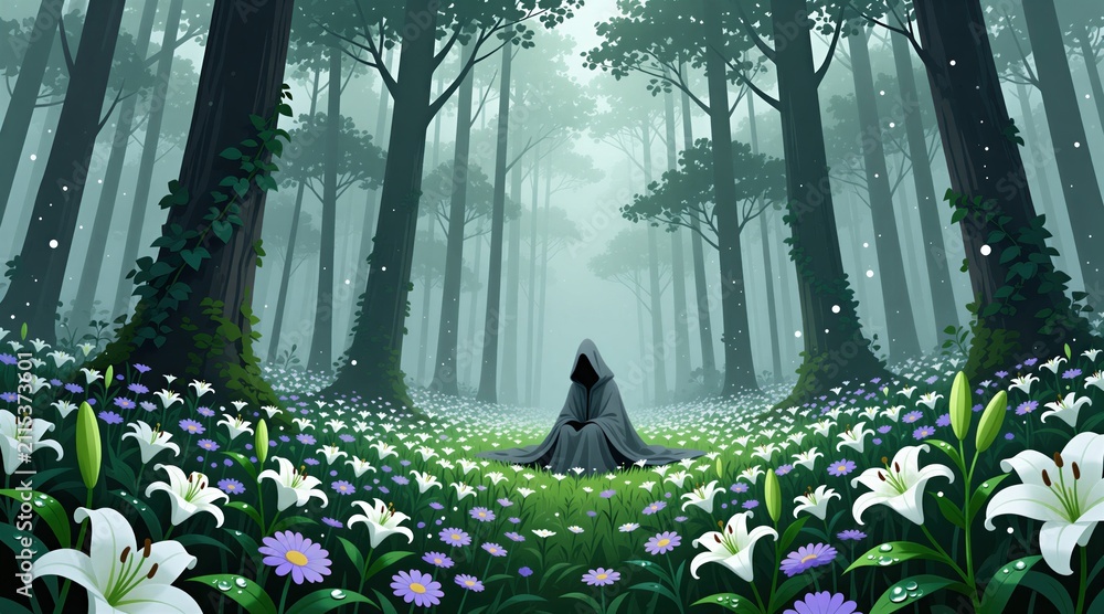 Fototapeta premium Mysterious figure in dark cloak sits inside misty forest filled with white lilies, purple flowers. Fantasy person meditates among blooming flora during quiet morning light. Calm scene in woodland