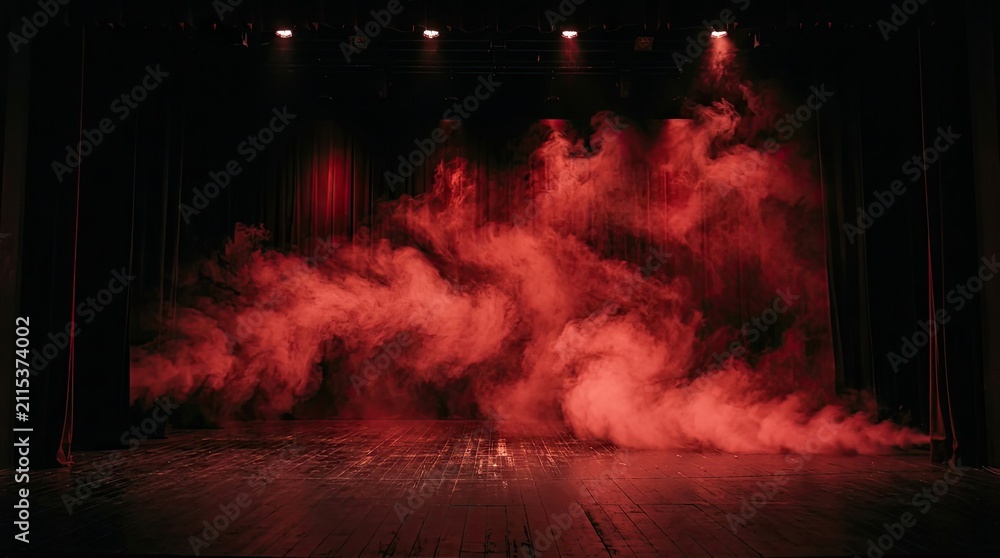 Obraz premium Dramatic red smoke on empty theatrical stage.