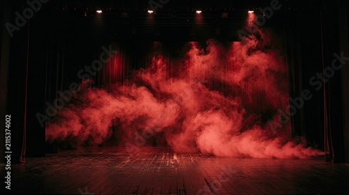 Dramatic red smoke on empty theatrical stage.