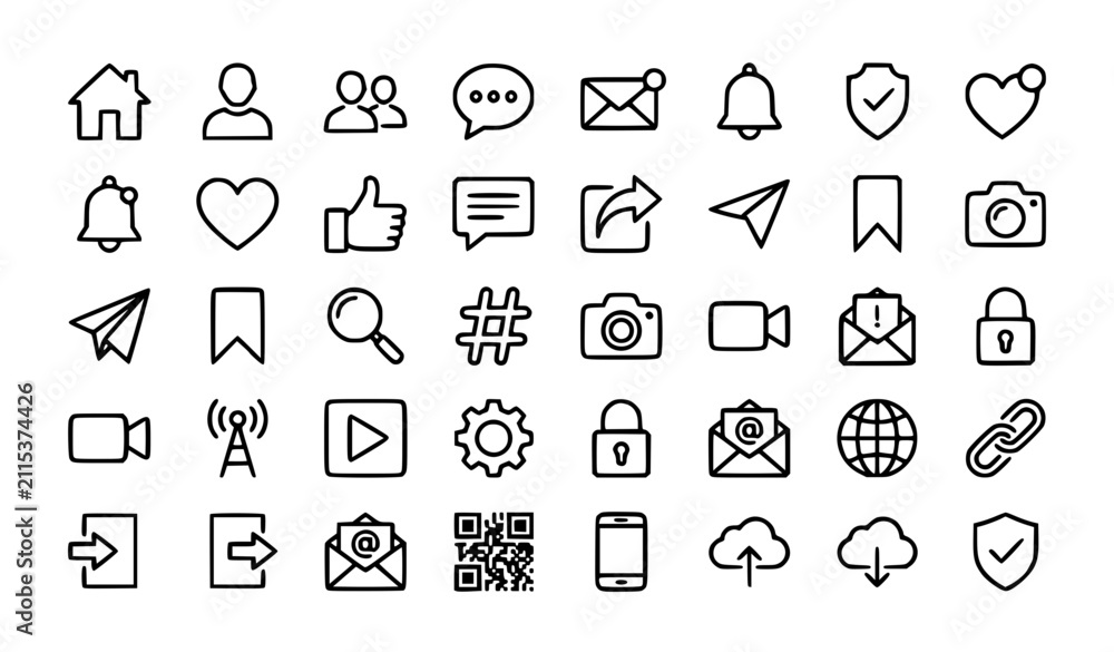 Fototapeta premium Black and White Social Media Line Icon Set Digital Communication Editable Stroke Vector Collection