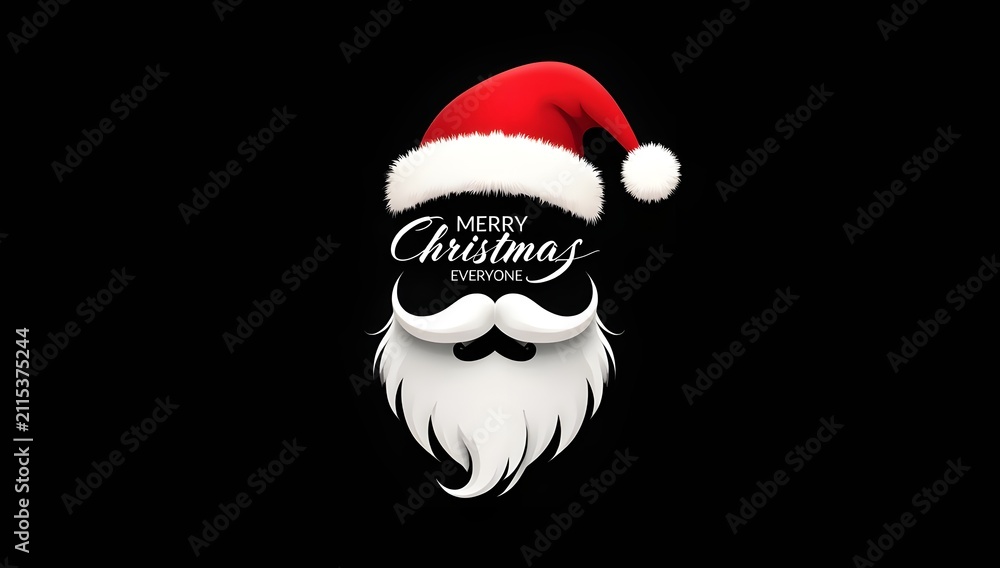 Obraz premium Minimalist graphic design featuring a stylized santa claus beard and hat with elegant christmas lettering on a black background