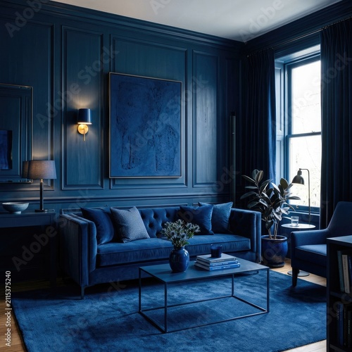 Elegant monochrome navy blue living room with velvet sofa
