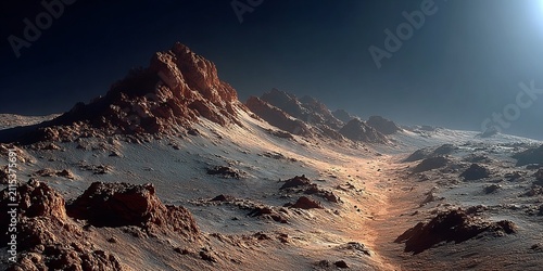 Dramatic Martian Landscape with Towering Peaks and Dusty Terrain.