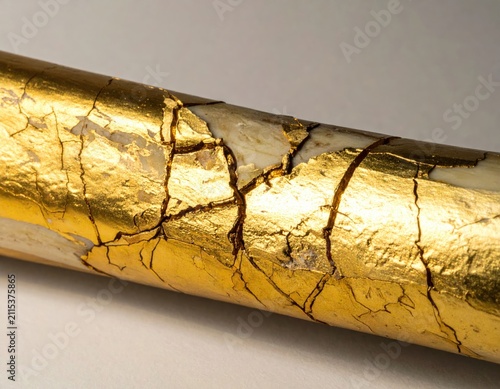A close-up shows a cracked ceramic object repaired with gold lacquer