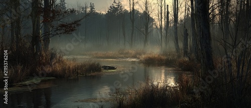 Eerie swamp landscape with fog and reflections in the water.