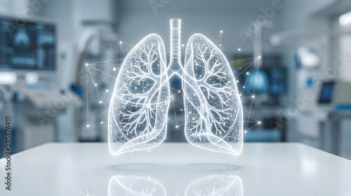 Glowing wireframe hologram of lungs in modern clinical laboratory.