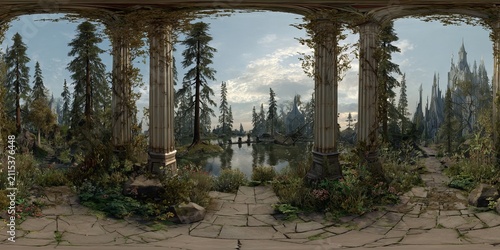 Enchanting Forest Panorama - A Serene Lakeside View Amidst Towering Trees.